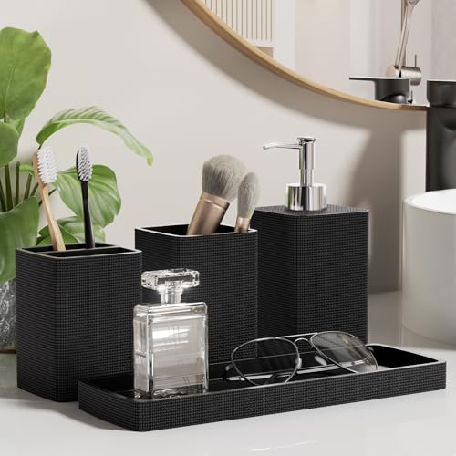Resin Black Bathroom Sets, Black Bathroom Accessories Set with Shower Curtain, Bath Towel Set, Natural Loofah Sponge, Soap Dispenser, Toothbrush Holder, Bathroom Tumbler and Tray for Countertop - size: Bath Set+Shower Curtain+Towel Set+2PCS Loofah, style: