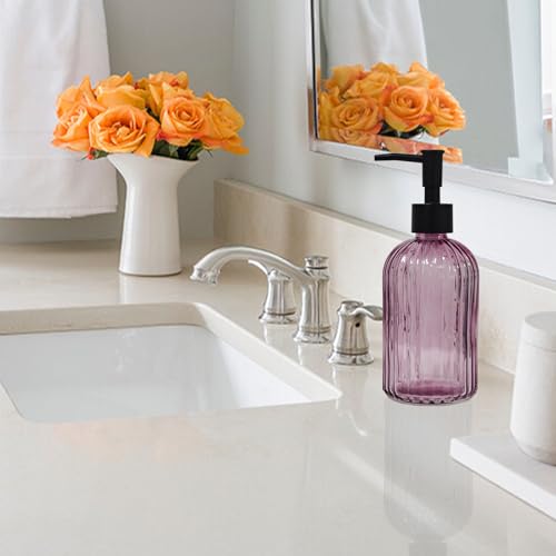 Black Pump Glass Soap Dispenser, 13.5oz Purple Stripe Countertop Refillable Liquid Bottle Hand Dish Lotion Dispenser with Plastic Pump, for Kitchen, Bathroom Countertop - color: Purple