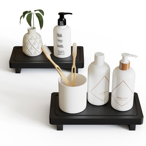ZGO Small Counter Set of 2, Decorative Vanity Tray for Bathroom & Kitchen, Wooden Soap Holder, Black