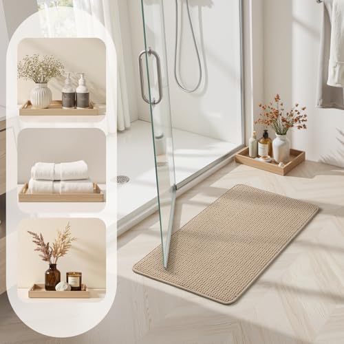 HOMEIDEAS Bathroom Rugs Set 2 Piece, Ultra Thin Non-Slip Bath Mats Rubber Backed, Chenille Absorbent Quick Dry Mats, Boho Bathroom Rugs, Low Profile Fits Under Door (Beige, 32"x20"+24"x17") - color: Beige