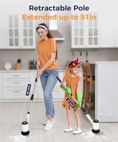 Cordless Electric Spin Scrubber, 6 Brush Heads, Long Handle | Power scrubber, adjustable long handle, IPX7 rated body, lightweight grip, bathroom, kitchen, tile, grout, tub, shower, floor - size: 6heads