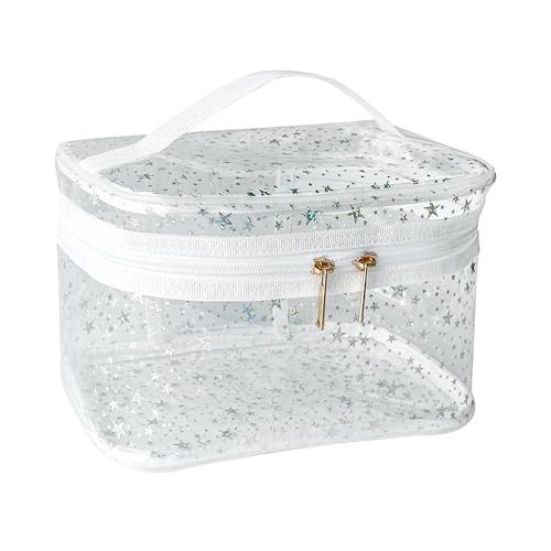 White Star Print PVC Makeup Bag with Handle - 8.66 * 5.51 * 5.51 inch,Clear Storage Bag Toiletry Pocket Portable Zippered Pouch Waterproof Cosmetic Organizer Bags for Women (White-L) - color: White-L