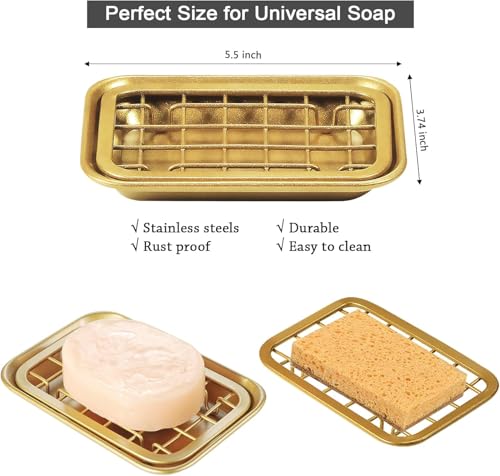 SheeChung Kitchen and Bathroom Soap Dish Tray - Metal Soap Dish Tray with Drainage Grid and Holder for Kitchen Sink Countertops to Store Soap, Sponges, Scrubbers - Rust Resistant (Gold) - color: Gold