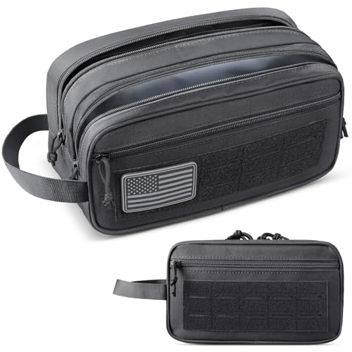 RXW EDC Toiletry Bag for Men, Tactical Dopp Kit, Molle Pouches Compact Travel Organizer for Shaving Shower, Hygiene, Grooming (Includes Dry/Wet Compartment & US Flag Patch) - color: Black