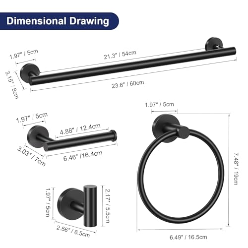 Lairuier Matte Black Bathroom Hardware Set, 10-Piece Towel Bar Set SUS304 Stainless Steel Bathroom Hardware Accessories Set Round Towel Holder Set Wall Mounted - color: Matte Black, size: 10-Piece Standard Set