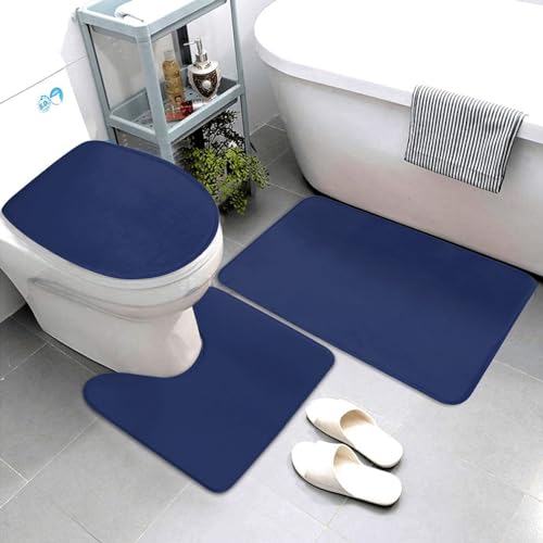 Bathroom Rugs Set 3 Piece Minimalist Solid Navy Blue Bath Rug Mat Set, Non Slip Absorbent Bathroom Decor Mat, Toilet Lid Cover & U Shaped Contour Rug - color: Navy Blue, size: 1'8" x 2'6" (Rectangular)