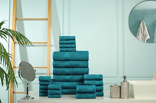 HILLFAIR 100% Cotton Towels Set for Bathroom, Quick Drying, High Absorbent 24Pc Towel Set, 2 Bath Sheets, 4 Bath Towels, 6 Hand Towels, 4 Fingertip Towels, 8 Washclothes: Teal (600GSM-24PC-TEAL) - color: Teal, size: 24 PC Bath Towel Family Set