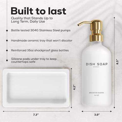 Luxury Glass Hand and Dish Soap Dispenser Set by Brighter Barns - Kitchen Soap Dispenser Set with Tray for Kitchen Sink - White and Gold Home Accessories & Decor for Restaurants, Airbnb, Gift (Gold) - color: Gold Hd