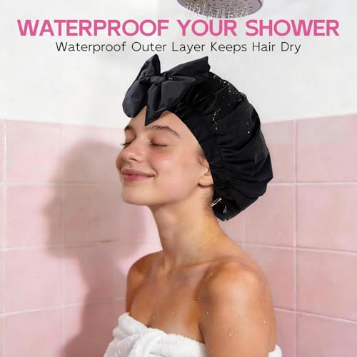Years Calm Extra Large Shower Cap for Long Thick Hair – Waterproof Double Layer Bath Cap with Satin Lining, Secure Elastic Fit for Braids, Curls & Extensions - color: Black