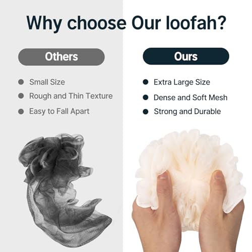 AmazerBath Loofah Sponge, Shower Loofah 60g/PCS - Body Scrubber Loofa Set of 3 Cream Color, Bath Sponge for Men and Women - style: Cream