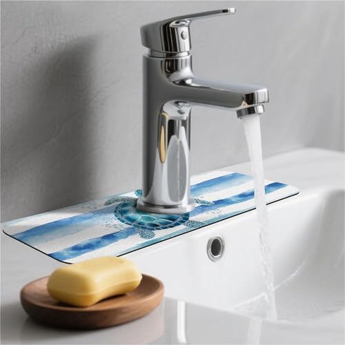 Kitchen Sink Splash Guard，Watercolor blue white turtle Faucet Mat Sink Gadgets-Super Absorbent Fast Drying Mat Drip Catcher for Kitchen, Bathroom,Sink Mat, Dish Drying Mat, Bathroom(15" X 5.5" )