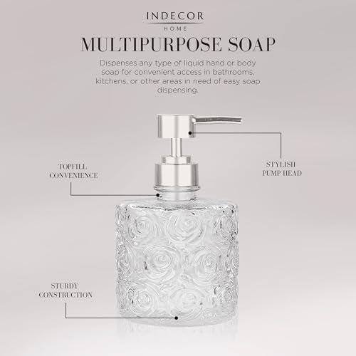 Marcella Glass Soap Dispenser with Soap Pump, Refillable 14 Ounce Capacity, Floral Design Rose Patterns, Heavy Weight Thick Glass for Bathroom, Premium Kitchen Soap Dispenser Clear - color: Clear