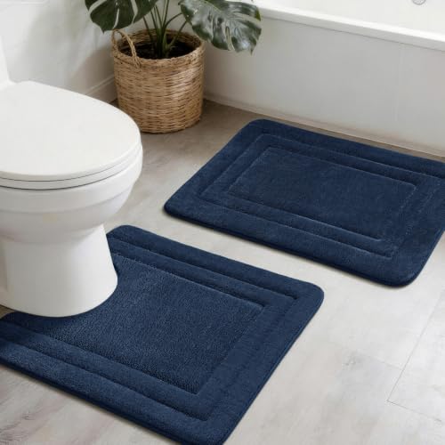 YIHOUSE Bathroom Rugs Sets 2 Piece, Towel-Like Soft Absorbent Thick High Density Memory Foam Bath Mat Set, Non-Slip Machine Washable Bath Rugs for Bathroom, Tub & Shower (24"x17"+24"x20"U, Dark Blue) - color: Dark Blue, size: 1'8" x 2' (17"x24"+20"x24"U)