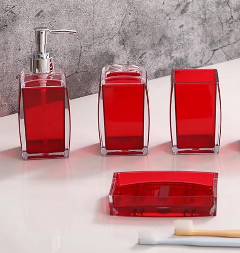 5 Pcs Red Acrylic Bathroom Accessories Set Complete, Lotion/Soap Dispenser, Soap Dish, Toothbrush Holder, Tumbler, Toilet Brush and Holder, Modern Bathroom Decor and Housewarming Gift Set,Red - color: Red