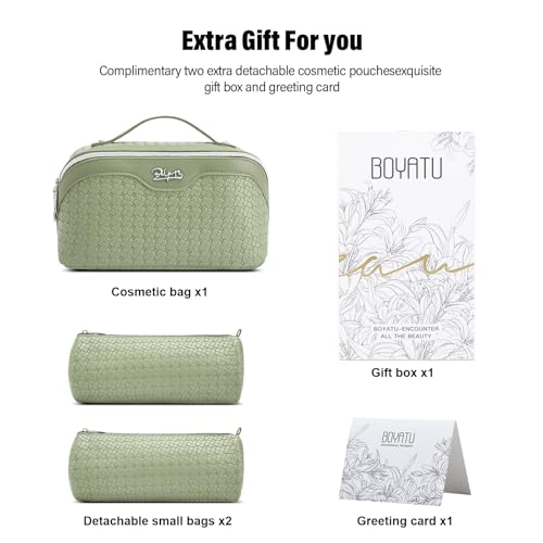 BOYATU Travel Makeup Bag Cosmetic Bags for Women: Large Capacity 3 Pcs Set Make up Bag with Compartments - Waterproof Vegan Leather Toiletry Organizer Bags with Handle (L51Grass Green) - color: L51Grass Green