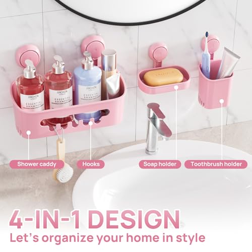 LEVERLOC Shower Caddy Suction Cup Set Shower Organizer & Soap Holder & Toothbrush Holder, Bathroom Shelf Basket NO-Drilling, Removable Suction Storage Waterproof Bathroom Caddy, Pink - color: 3 X Pink