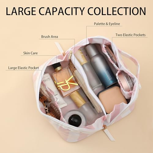 DYSHAYEN Stripe Travel Makeup Bag with Compartments Clear Coated Cosmetic Bag for Women, Waterproof Portable Open Flat Toiletry bag （White-Pink） - color: White-Pink