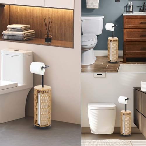 Trongee Freestanding Toilet Paper Holder with Storage,3 Rolls of Boho Toilet Paper Holder Stand with Lid,Gold Toilet Tissue Holder Stand Rattan Paper Storage Wicker Toilet Roll Holder Basket - color: U-black