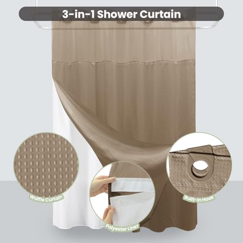 Inhousolu No Hook Shower Curtain with Snap-in Fabric Liner, Waffle Weave 230 GSM Polyester, Weighted Hem, Water Repellent Washable, Mesh Top Window 72" W x 84" L Beige - color: Beige, size: 72"W x 84"L (Pack of 1)