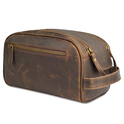 LEATHER VILLAGE Genuine Leather Toiletry Travel Bag With Waterproof Lining - Brown | King-Size Handcrafted Vintage Dopp Kit Bag, Shaving & Bathroom Organizer, Gift for Men & Women - color: Distressed Brown