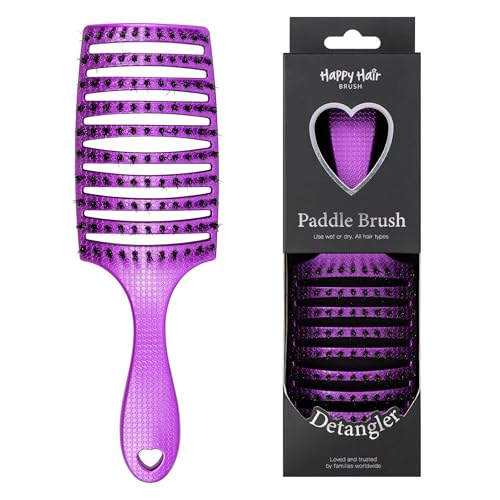 HAPPY HAIR BRUSH Happy Detangler Paddle Brush with Boar Bristles & Nylon Pins | Designed by Women to Detangle & Smooth Thick, Fine or Curly Hair | Pain-Free Slick Back Brush, Lightweight (Purple) - color: Purple