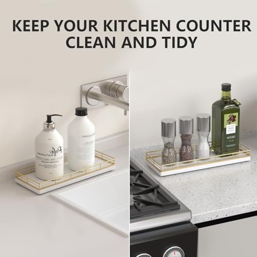 Bathroom Tray for Counter Top Organizer, Oak Wood Vanity Tray | Metal Frame for Dresser, Kitchen & Nightstand, Gold & White Decorative Storage - color: Gold & White, size: 11" x 4.5" x 1.5"