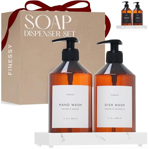 FINESSY Amber Hand Dish Soap Dispenser for Kitchen Countertop and Bathroom with Tray Set for Refillable Liquid Detergent Dishwasher and Lotion Bottles, Farmhouse Kitchen Soap Dispenser Set with Pump - color: Luxe Amber