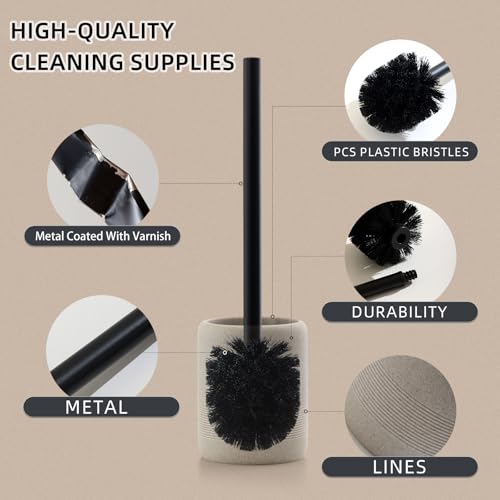 Toilet Brush and Holder Set, 2 PCS Decorative Toilet Bowl Brush and Holder Set Bathroom Aceessories Toilet Scrubber Brush Set with Heavy-Weight Resin Base with Long Handle (Beige) - color: Beige