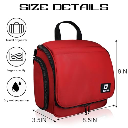 Goloni Hanging Toiletry Bag, 10 Compartments Water-Resistant Makeup Bag with 360° Spinning Metal Hook, Large Travel Cosmetic Organizer for Men & Women, Red (7.05oz) - color: Red