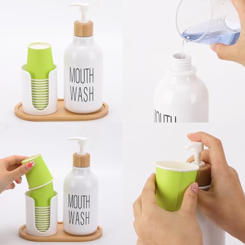 Mouthwash Dispenser with Cup Holder, Plastic White Mouth Wash Pump Bottle with Tray for Bathroom Organizers, 17oz Refillable Clear Mouthwash Container - color: Group a - White