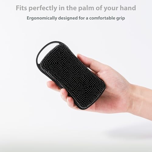 MtBoi 2 PC Silicone Body Scrubber, 2 in 1 Exfoliating Shower Bath Scrubber, Soft Silicone Loofah for Sensitive Skin, Shower Hair Scalp Massager, Easy to Clean, Lather Well (Grey&Black) - color: Grey&black