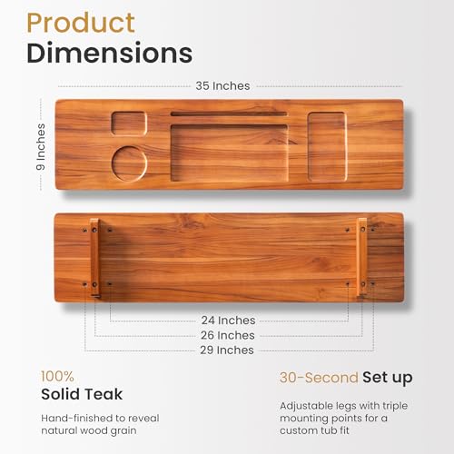 Teak Bathtub Tray for Freestanding Tubs - 35" Heavy-Duty Luxury Bath Caddy, Non-Slip Zero-Wobble Design, Water-Resistant Spa Organizer with Wine Glass & Phone Holder - color: Natural Teak, size: 35 Inch