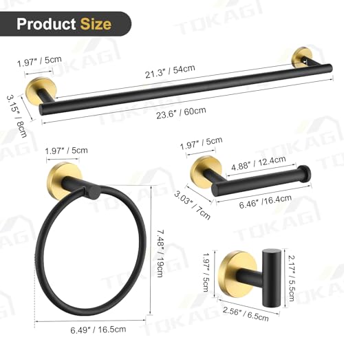 TQKAG Black and Gold Bathroom Hardware Set 6-Piece Bathroom Accessory Set 23.6 Inch Round Stainless Steel Towel Bar Set Wall Mounted - color: Black+gold, size: 6-Pieces Set