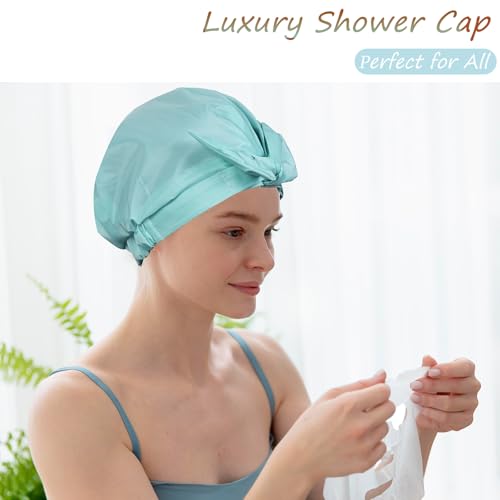Shower Cap for Women Reusable Waterproof, Large Satin Shower Bonnet, Washable Bath Hat for Long Hair, Braids, Curly Hair, Aqua - color: Aqua