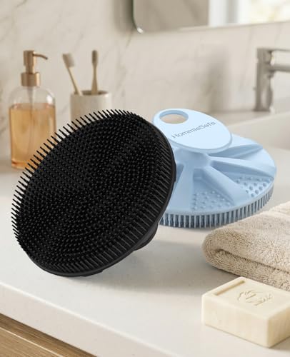 Soft Silicone Shower Brush Body Wash Bath Exfoliating Skin Massage Scrubber | 4 Pack Dry Skin Brushing Glove Loofah, Fit for Sensitive and All Kinds of Skin(2 Pack Sky Blue+2 Pack Black) - color: Black(2p)+sky Blue(2p)
