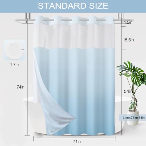 No Hook Shower Curtain with Snap in Liner, Ombre Sky Blue Shower Curtains and Liner Set, Hotel Fabric Bath Curtain for Bathroom, Mesh Top Window Waterproof Washable, 71" x 74" - color: Ombre Sky Blue, size: 71"W x 74"L (Pack of 1)