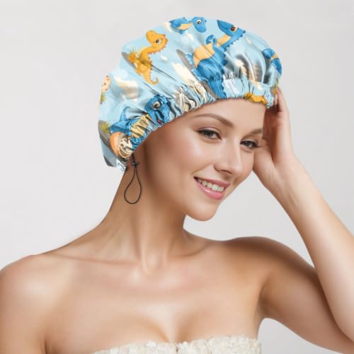 2 PCS Shower Cap Reusable Waterproof Adjustable Double Layer Elastic Dry Hair Bathing Caps Aesthetic Cute for Women Girls-Dinosaur Blue - color: H-14-Dinosaur Blue