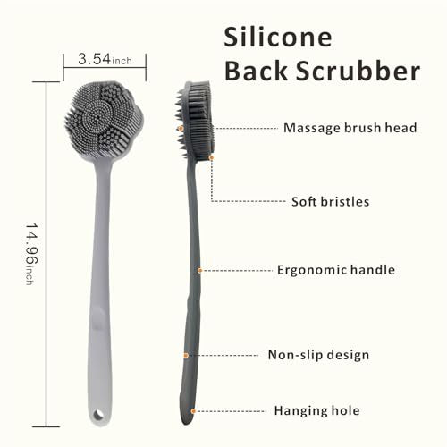 Back Body Scrubber & Face Scrubber for Shower - 15 Inch Long Handle Double Sided Silicone Body Brush for Exfoliation & Massage, Soft Facial Cleansing Brush, Rich Lathering for Deep Cleansing (Gray) - color: Gray