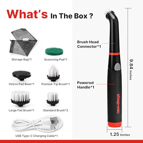 Shop-Vac Electric Spin Scrubber with 2000RPM Motor, 90Min Long Runtime with 5 Replaceable Head, LED Display and IPX6 Waterproof, Cordless Electric Scrubber for Cleaning Grout, Tile, Bathroom, Kitchen