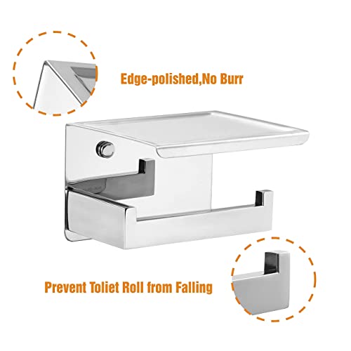 HITSLAM Toilet Paper Holder with Shelf, Stick on Chrome Tissue Roll Holder Self Adhesive or Wall-Mount with Storage Shelf for Bathroom - color: Chrome, size: Medium