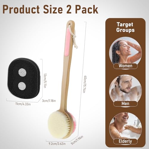 Back Scrubber for Shower + Body Scrubber 2 Pack, Dual Sided Silicone & Nylon Bristles Lather Well Exfoliating Anti-Slip Wood Long Handle Back Scrubber Body Exfoliator for Wet/Dry Bath Brush Pk+Bl - color: Pink & Black