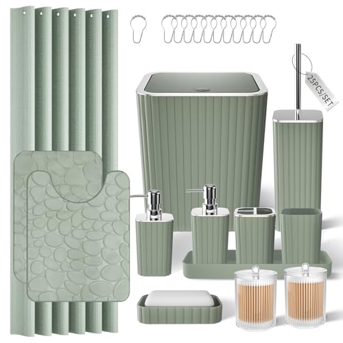 XLHOMO Bathroom Accessories Set - 25PC Sage Bathroom Set, Bathroom Set with Shower Curtain and Rugs, Sage Green Shower Curtain Set, Bathroom Accessory Set, Trash Can & Soap Dispenser - size: Bath Set+Shower Curtain+Rugs, style: Sage Green&Silver