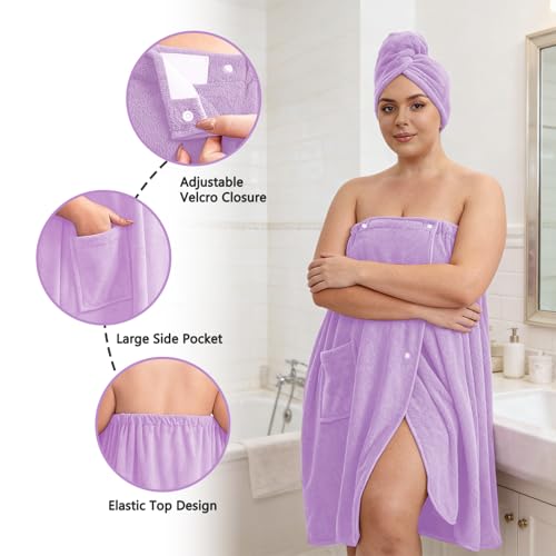 Women’s Plus Size Towel Wrap with Hair Towel (2XL-4XL), Oversized Shower Body Wrap Bathrobe, Soft Quick-Dry Hair Drying Towel for Spa Use Light Purple - color: Light Purple, size: 2XL-4XL