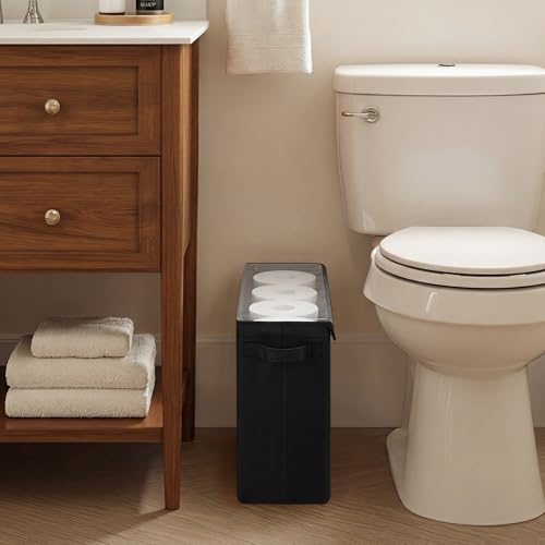 Cupic Cupid Toilet Paper Storage Baskets, Bathroom Toilet Paper Storage with Lid, Holds 12 Regular or 9 Mega Rolls, Slim Toilet Tissue Holder Basket with Clear PVC Lid and Handles, Black - color: Black