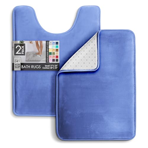 Clara Clark Bathroom Rugs, Velvet Memory Foam Bath Mat, Non-Slip Bath Rugs, Machine Wash, Dries Quickly, Ultra Soft Plush Bath Mats for Bathroom, - color: Calm Blue, style: 17 x 24 + Contour
