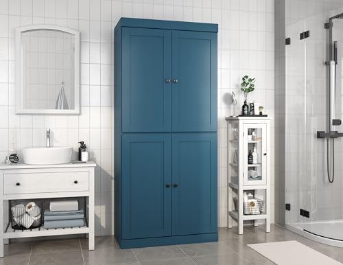 Palace Imports Solid Wood Tall Bathroom Pantry Cabinet with 4 Shaker Doors & Adjustable Shelves, Teal Blue - 100% Eco-Friendly, Renewable, Space-Saving Storage, 71.5" H x 32" W, Made in Brazil - color: Teal Blue