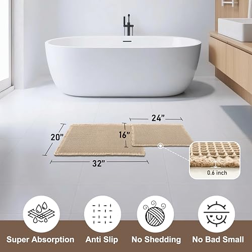 JIUZHEN Set of 2 Waffle Bath Mats Boho Non Slip Bath Rugs Washable Bathroom Rugs Super Absorbent Waffle Mats Ultra Soft Fast Drying Mat for Bathroom Floor, Tub, 16" x 24" +20" x 32", Brown - color: Brown, size: 16"x24" + 20"x32"