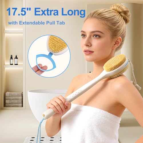 Extendable Back Scrubber –Non-Slip Dual-Sided, Deep Exfoliation | Two-hand pull -17.5"-31.5". Dual-sided stiff & soft bristles. Non-slip grip, quick-dry, rust-proof, rich lather.
