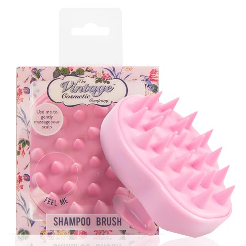 Vintage Cosmetic Company Shampoo Brush Silicone Scalp Massager Pink | Silicone Scalp Massager for Gentle Exfoliation and Even Shampoo Distribution. Stimulates Scalp. Vintage Pink Design.