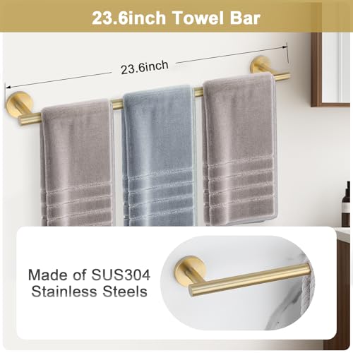 Brushed Gold Bathroom Hardware Set, 5 Pieces Gold Towel Bar Bathroom Accessories, Upgraded Toilet Paper Holder with Shelf Set, 23.6 Inch Towel Rack Towel Holder for Bathroom Wall - color: Brushed Gold, size: 5 Pieces B